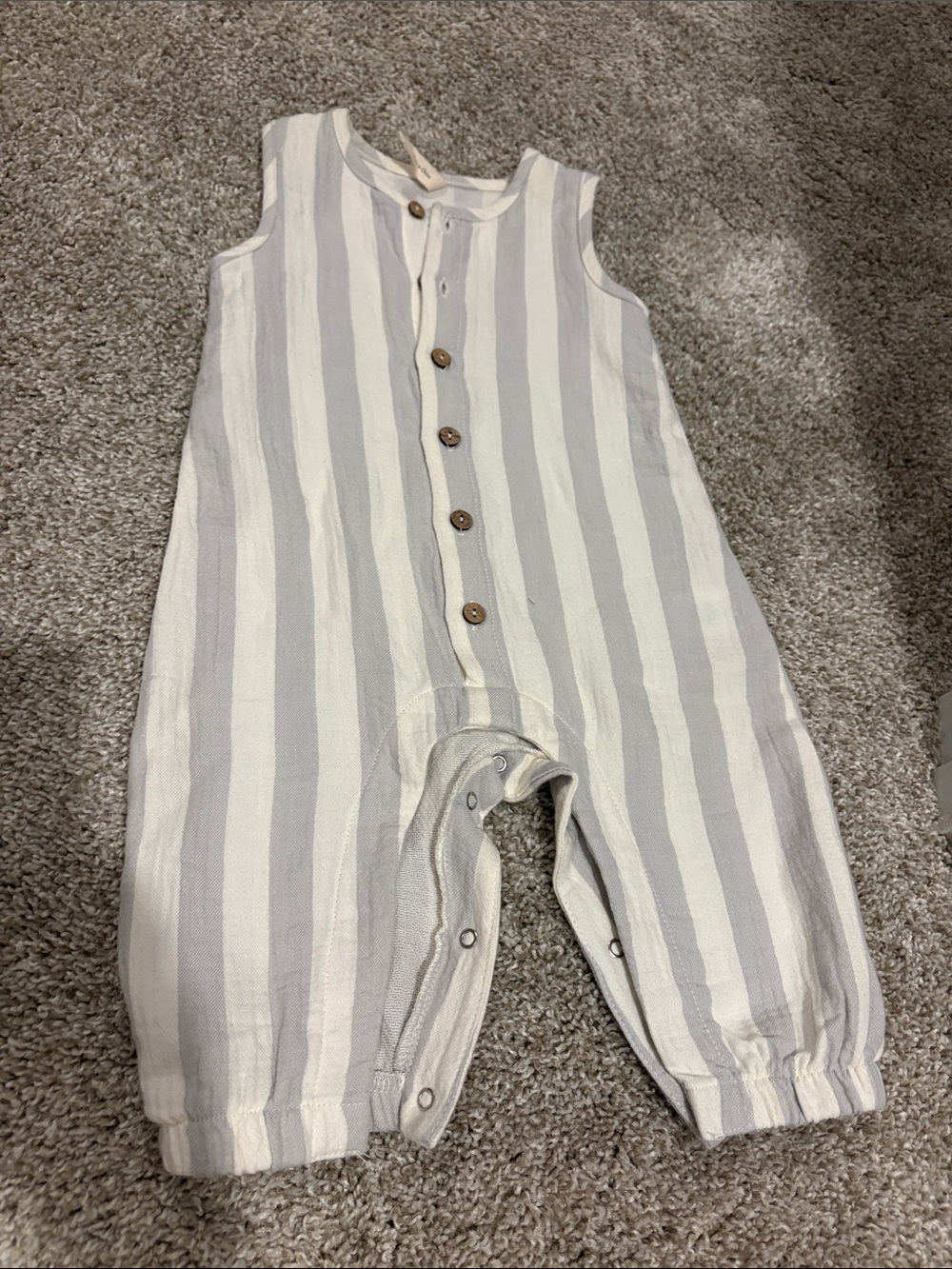 Quincy Mae Baby Romper in Gray and Cream Stripes